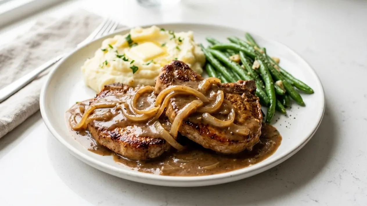 Smothered pork chops in onion gravy in a cast iron skillet.