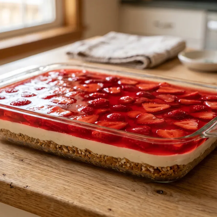 A 9x13 glass dish of strawberry pretzel salad showing three layers: a crushed pretzel crust, a pale cream cheese layer, and a red strawberry gelatin top.