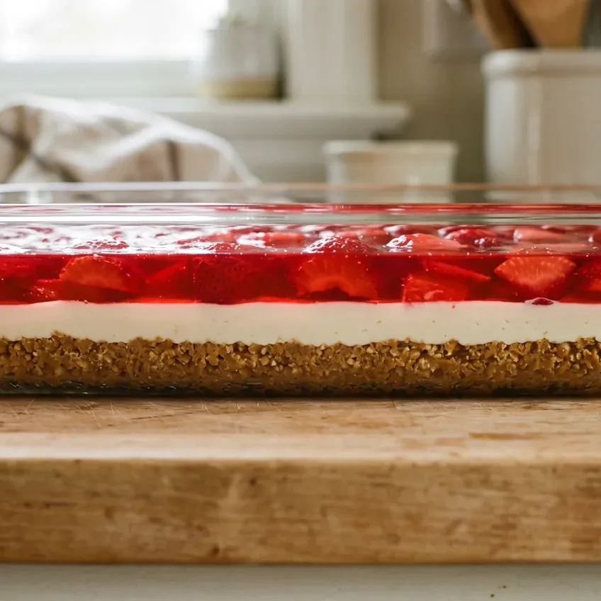 The finished strawberry pretzel salad seen from a low angle through the side of the glass dish, the three bands clearly separated and level.