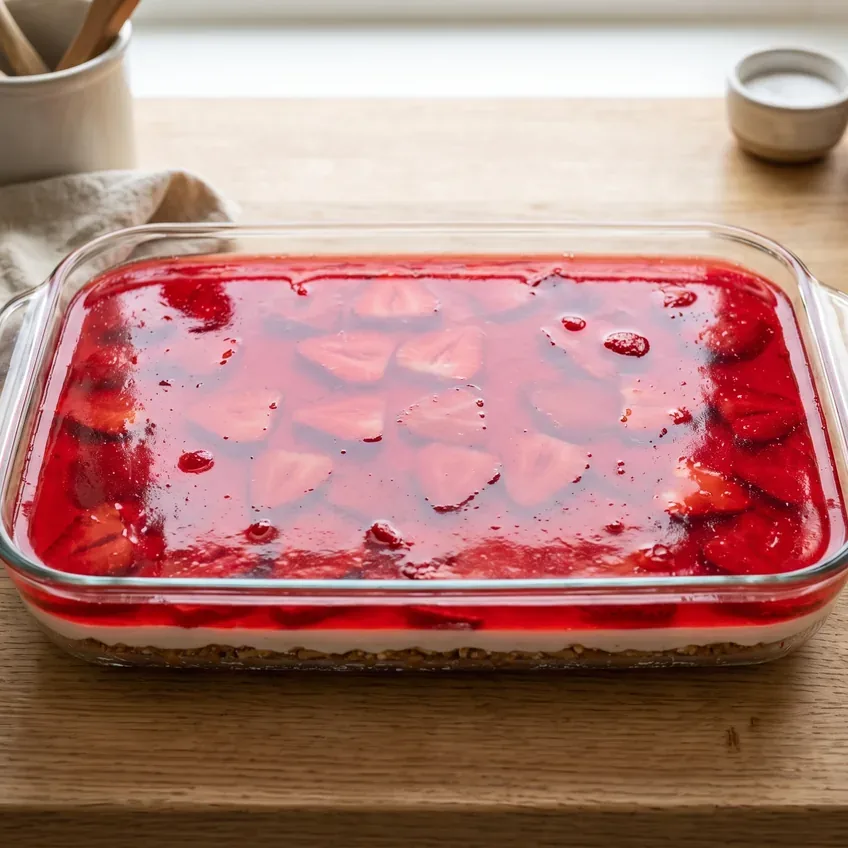 The fully chilled dessert after four hours, the gelatin set firm and glossy with a level surface and clean edges against the dish.