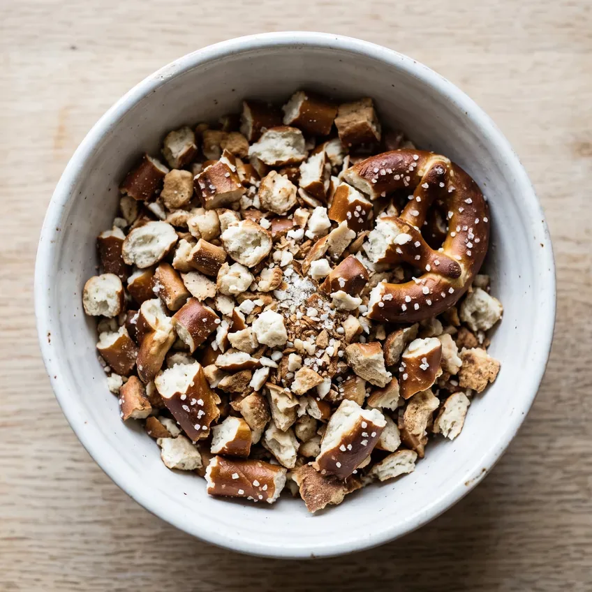 Coarsely crushed pretzels in a bowl, broken into pea-sized pieces and small shards rather than fine sand, with some larger fragments visible.