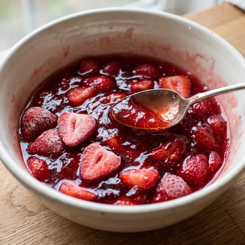 A bowl of strawberry gelatin with frozen sliced strawberries stirred through it, thickened to a loose syrup and no longer watery.