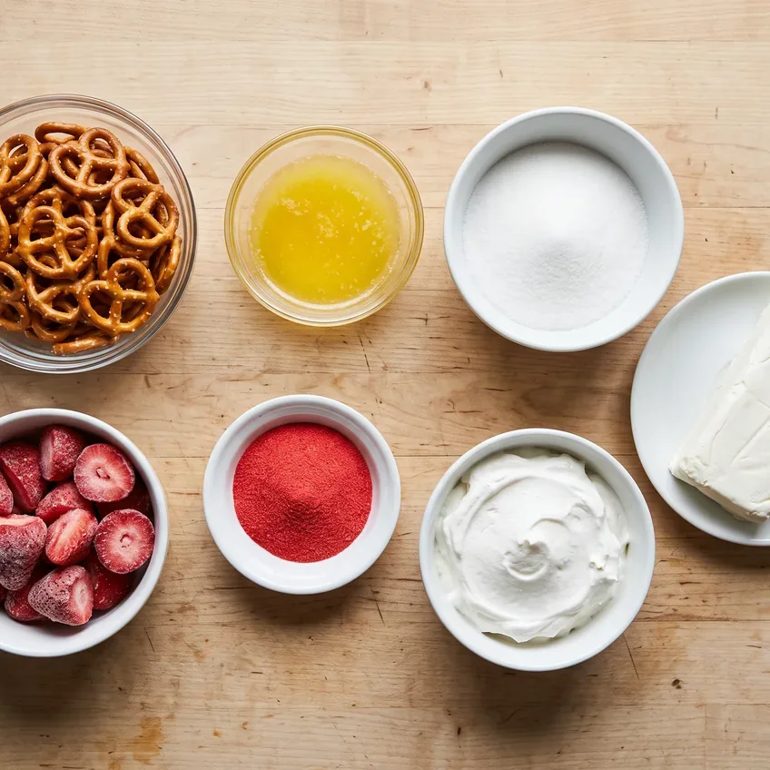 The ingredients laid out: pretzels, butter, granulated sugar, cream cheese, whipped topping, strawberry gelatin powder and frozen sliced strawberries.
