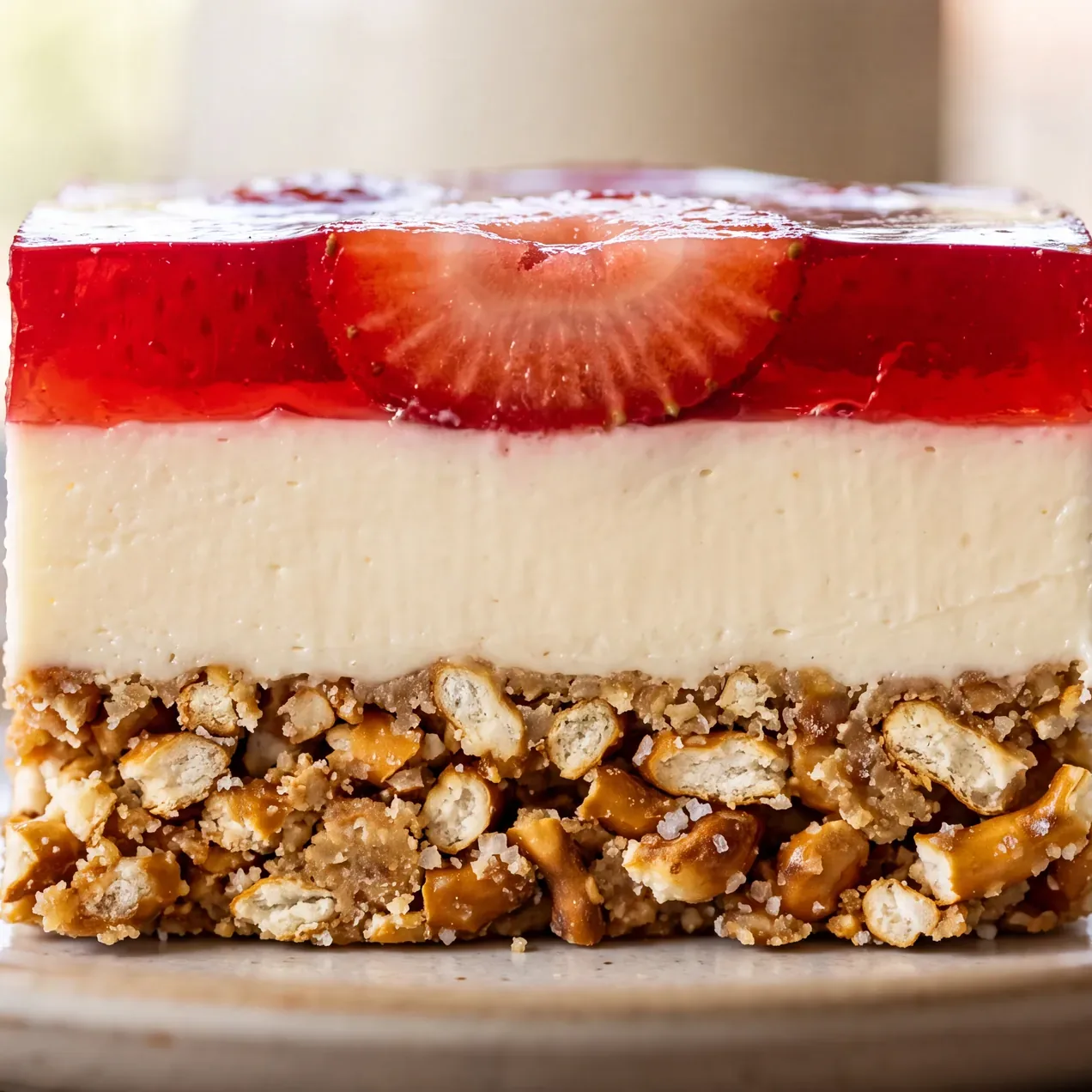 Extreme close-up of the three layers in cross-section: coarse pretzel pieces in a buttery crust, a smooth pale cream layer, and glossy red gelatin with strawberry slices.