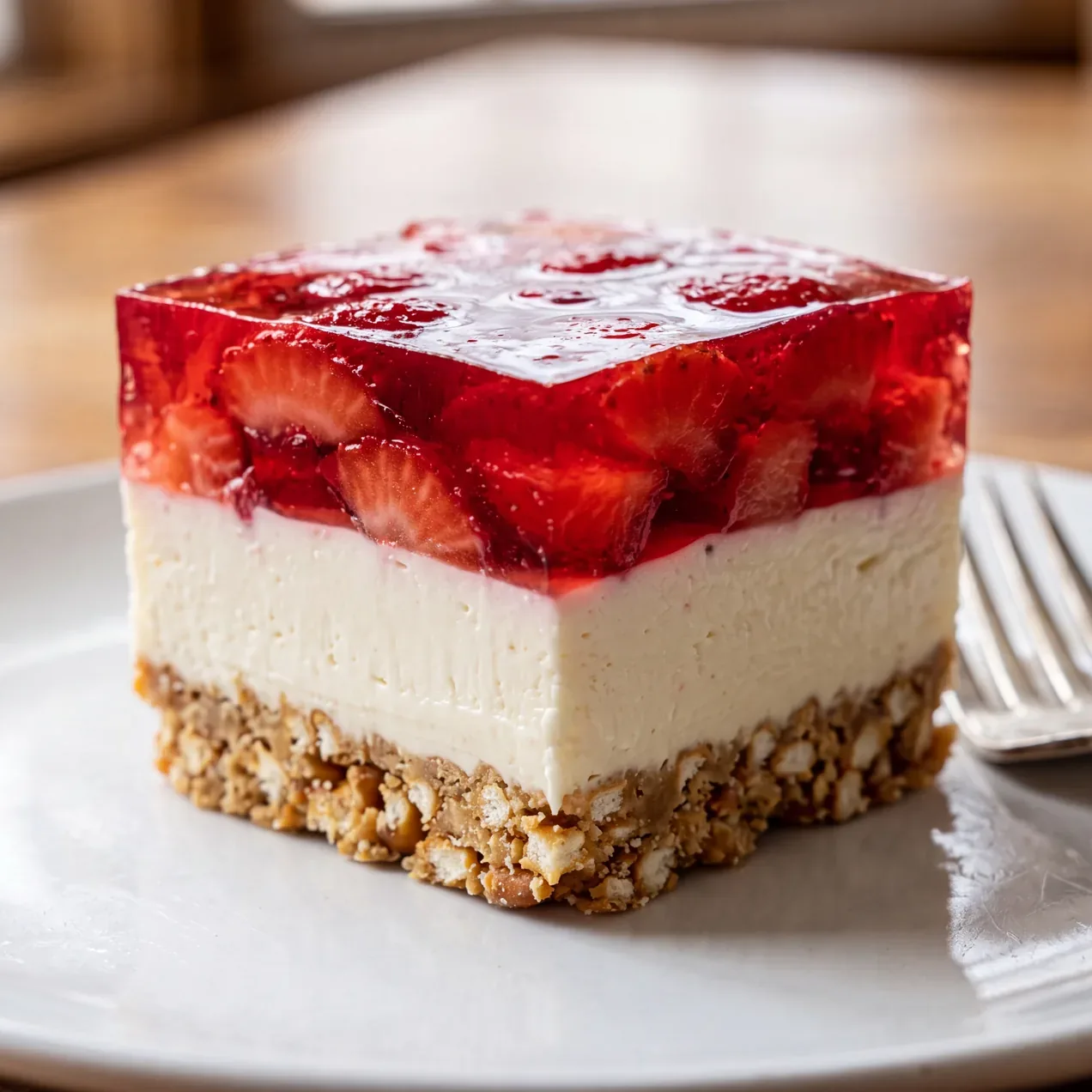 Extreme close-up of a cleanly cut square on a plate, the cut face sharp and the three layers holding their own thickness without slumping.