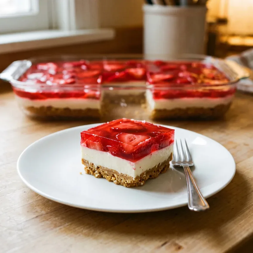 One square portion lifted onto a plate with a spatula, standing upright and holding all three layers together without falling apart.