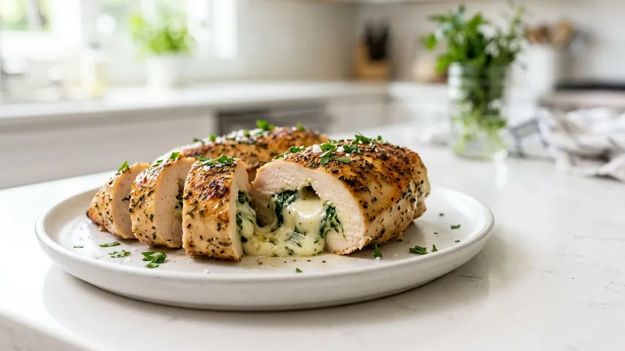A sliced stuffed chicken breast filled with melted cheese and spinach on a plate, showing a high-protein dinner.