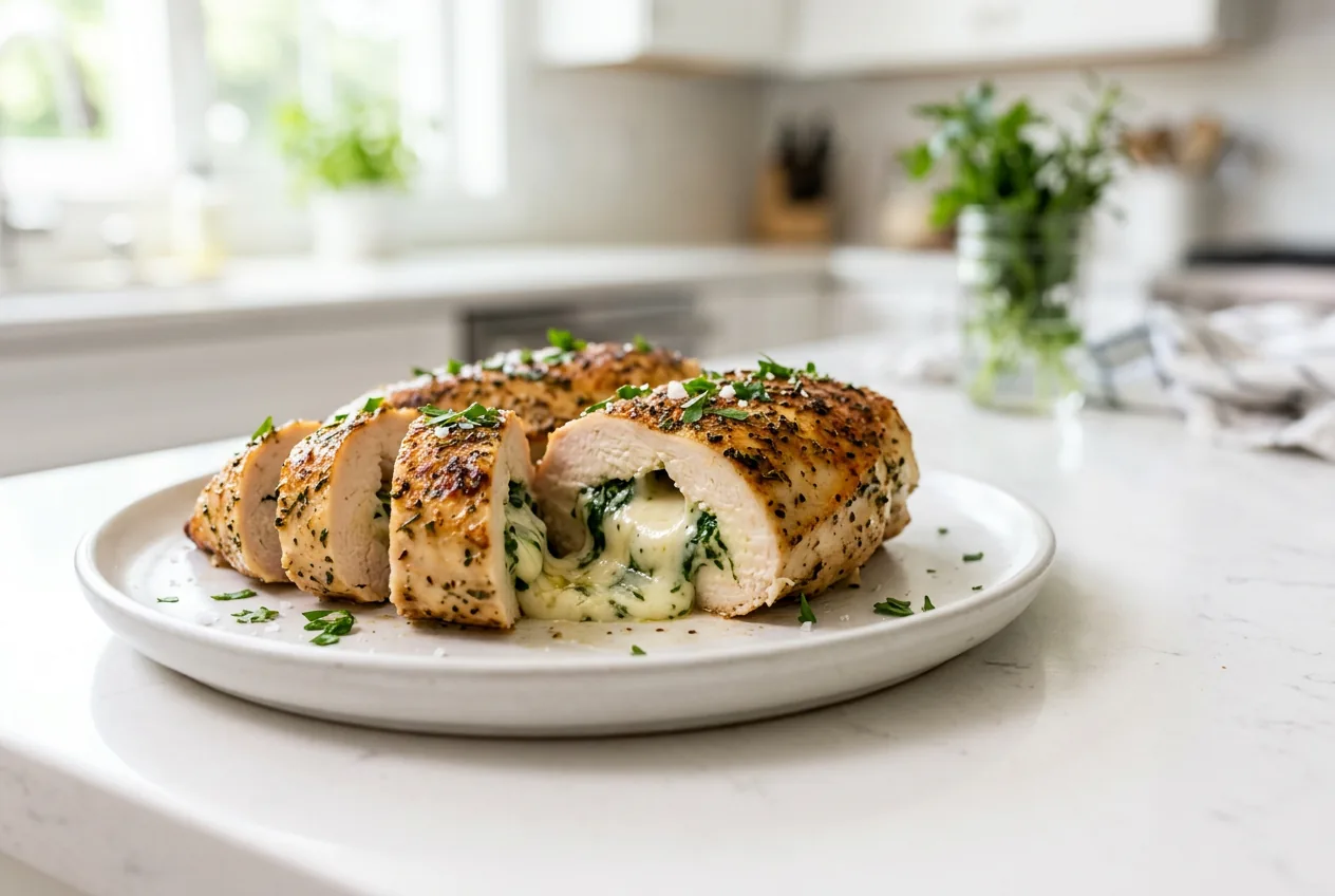 A sliced stuffed chicken breast on a plate showing a melted mozzarella and spinach filling