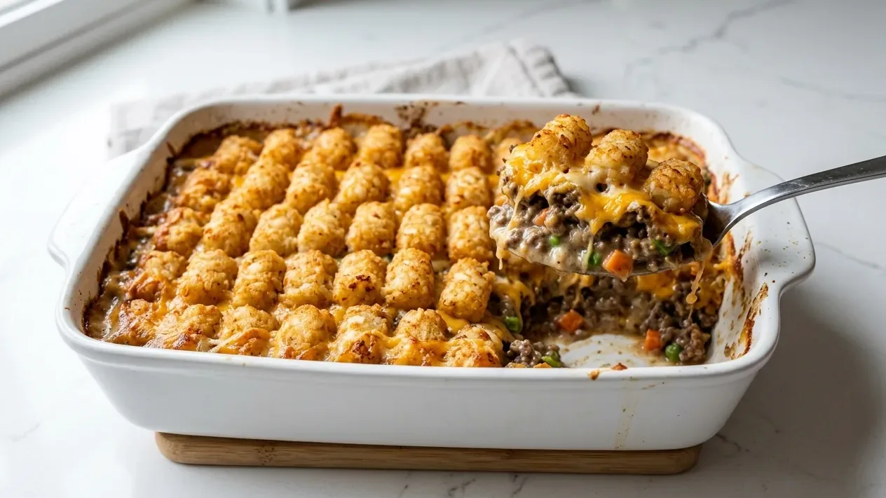 A tater tot casserole with crispy golden tater tots over cheesy seasoned ground beef in a white baking dish.
