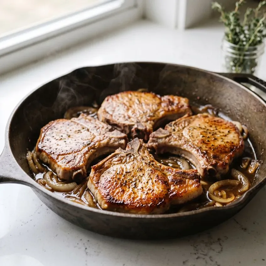 Thin Pork Chops in a Skillet